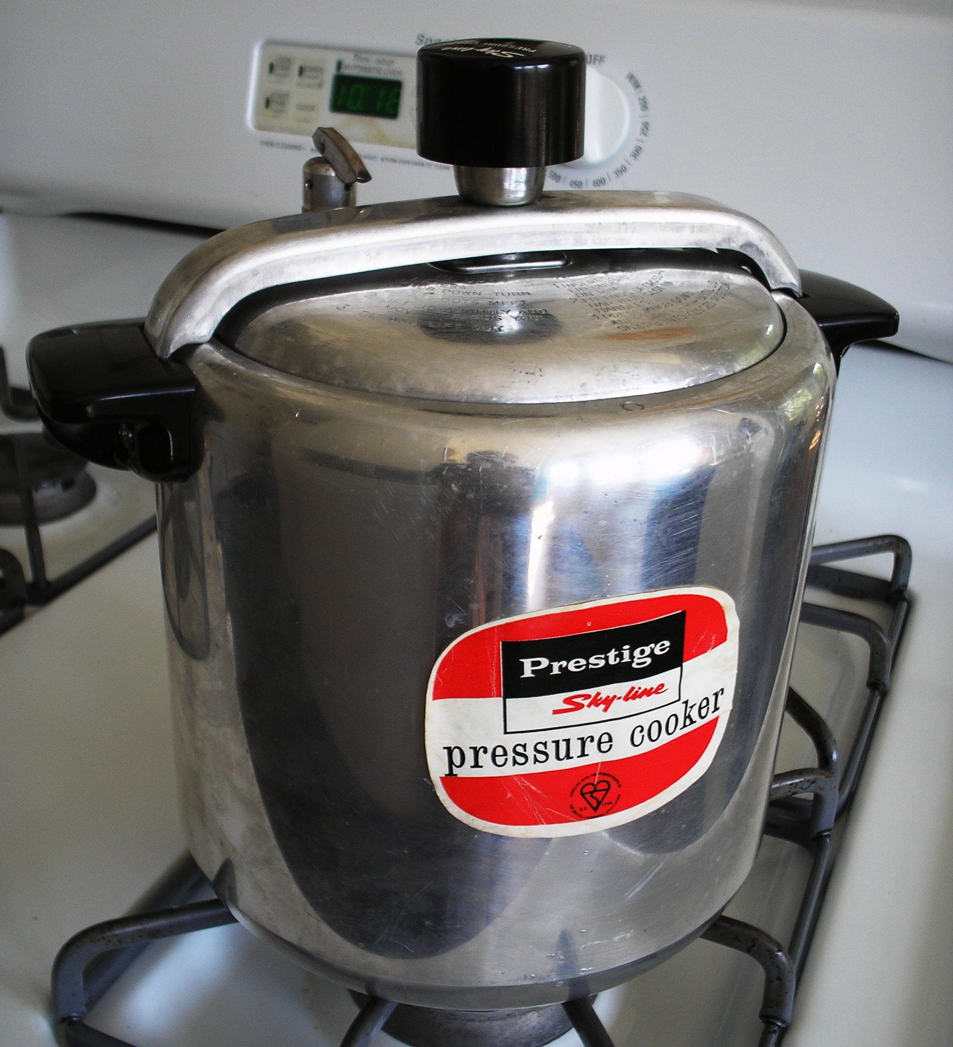 Our pressure cooker was a Prestige Skyline, very popular in the 1950s 